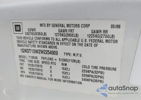 1998 Chevrolet Blazer Ls from USA, damaged, VIN 1GNDT13W2W2254909